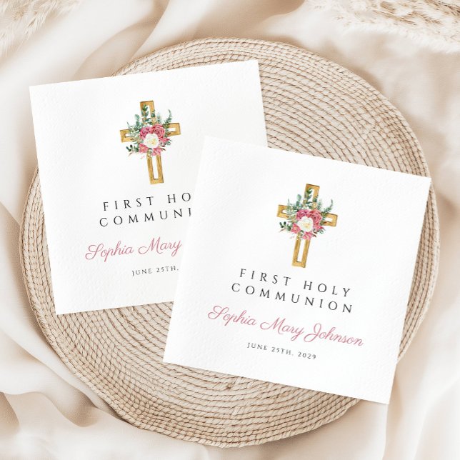 Elegant blomkors flicka första kommunion pappersservett (Elegant Floral Cross Girl First Communion Napkins)