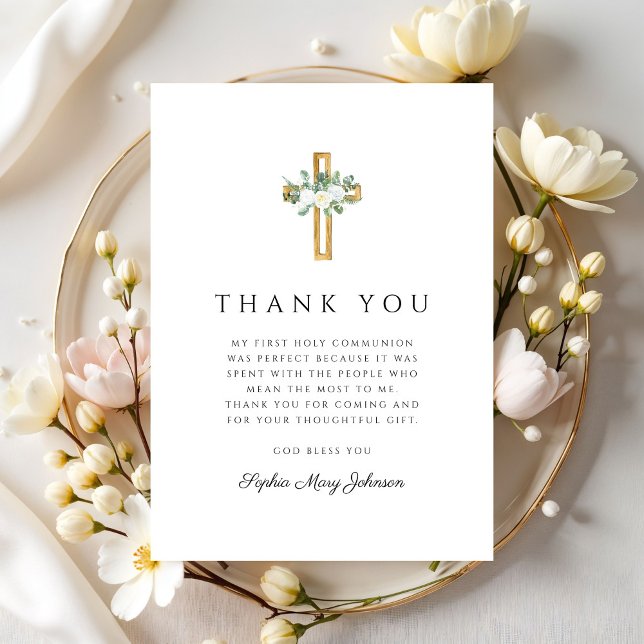 Elegant blomkors flicka första kommunion tack kort (Elegant Floral Cross Girl First Holy Communion Thank You Card)