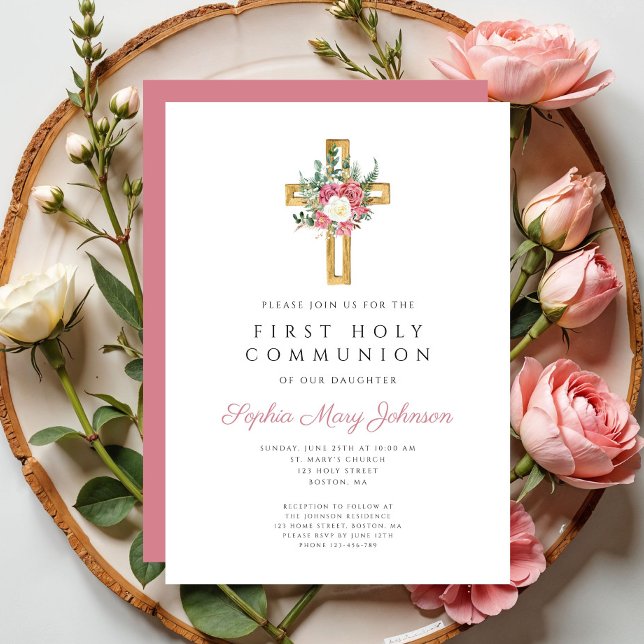 Elegant blomkors första kommunion  inbjudningar (Elegant Floral Cross First Holy Communion Invitation)