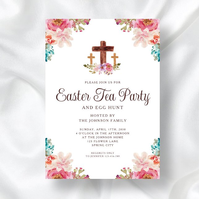 Elegant blomkors påsk-te-fest inbjudningar (Elegant Floral Cross Tea Party Easter Invitation)