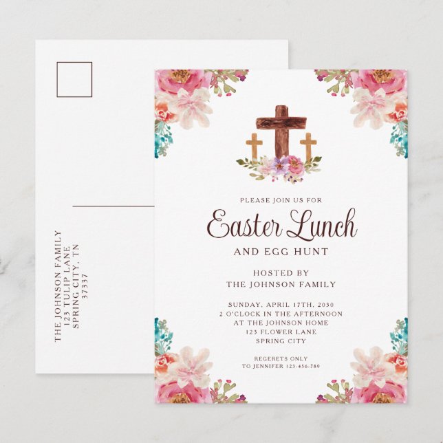 Elegant blomkors påsklunch inbjudan vykort (Fram/baksida)