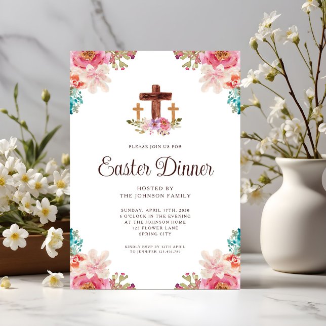 Elegant blomkors påskmiddag inbjudningar (Elegant Floral Cross Easter Dinner Invitation)