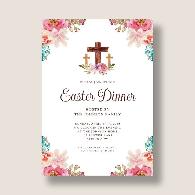 Elegant blomkors påskmiddag inbjudningar (Elegant Floral Cross Easter Dinner Invitation)