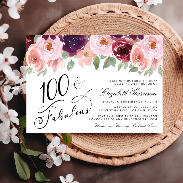 Elegant blomkråmålningsfest för 100-årsfirande inbjudningar (Elegant Floral Watercolor 100th Birthday Party Invitation)