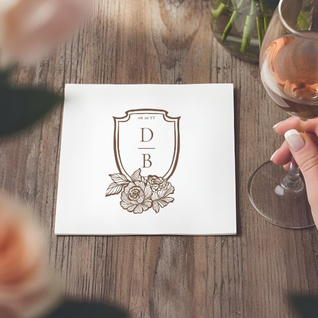 Elegant blomkrans vapen Monogram bröllopsdatum Pappersservett (Elegant Floral Crest Couples Monogram Wedding Date Napkins)