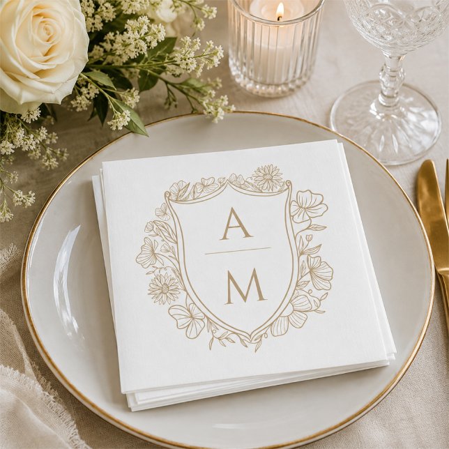 Elegant blomkransmonogram bröllop pappersservett (Elegant Floral Crest Monogram Wedding Napkins)