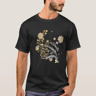 Elegant blomlinjekonst botanisk svart t-shirt