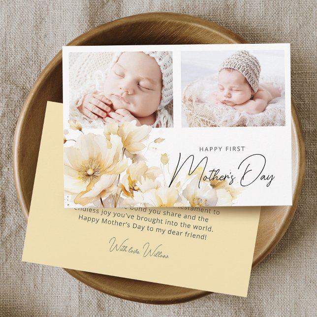 Elegant blomma första Mors dag 2-foto, platt Kort (Elegant Flower First Mother's Day 2 Photos Flat Card)