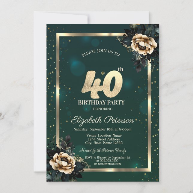 Elegant Blomma Guld Ram Stjärnor Grön 40-årsdag Inbjudningar (Framsida)