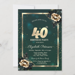 Elegant Blomma Guld Ram Stjärnor Grön 40-årsdag Inbjudningar