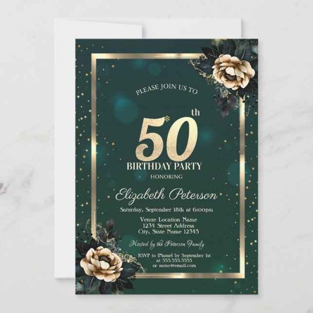 Elegant Blomma Guld Ram Stjärnor Grön 50-årsdag Inbjudningar (Framsida)