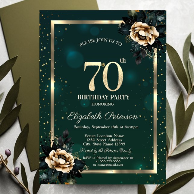 Elegant Blomma Guld Ram Stjärnor Grön 70-årsdag Inbjudningar (Skapare uppladdad)