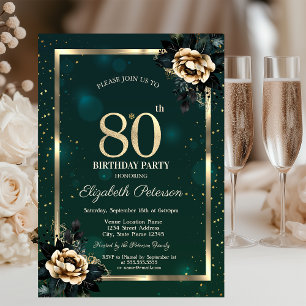 Elegant Blomma Guld Ram Stjärnor Grön 80-årsdag Inbjudningar