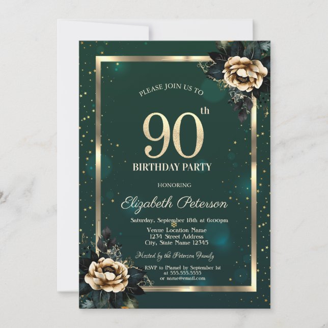 Elegant Blomma Guld Ram Stjärnor Grön 90:e  Inbjudningar (Framsida)