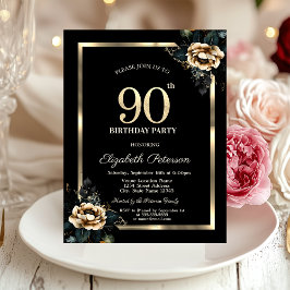 Elegant Blomma Guld Ram Svart 90-årsdag Inbjudningar