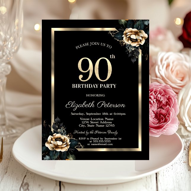 Elegant Blomma Guld Ram Svart 90-årsdag Inbjudningar (Skapare uppladdad)