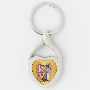 Elegant blomma, hjärta och gyllene kärlek twisted heart silverfärgad nyckelring
