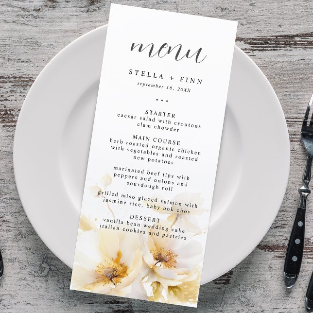 Elegant Blomma Vit Guld Bröllop Meny (Elegant Flower White Gold Wedding Menu)
