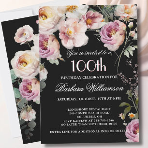 Elegant Blommålning 100-års Födelsedagsfest Inbjudningar