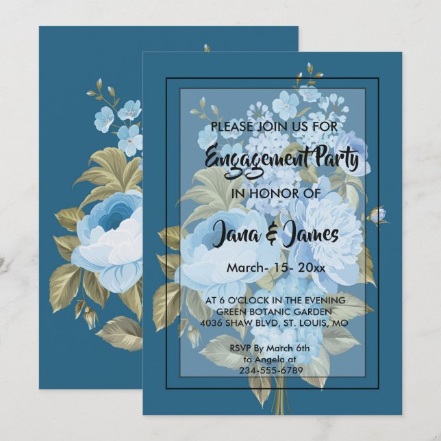 Elegant blommande blå Engagemang Inbjudningar (Fram/baksida)
