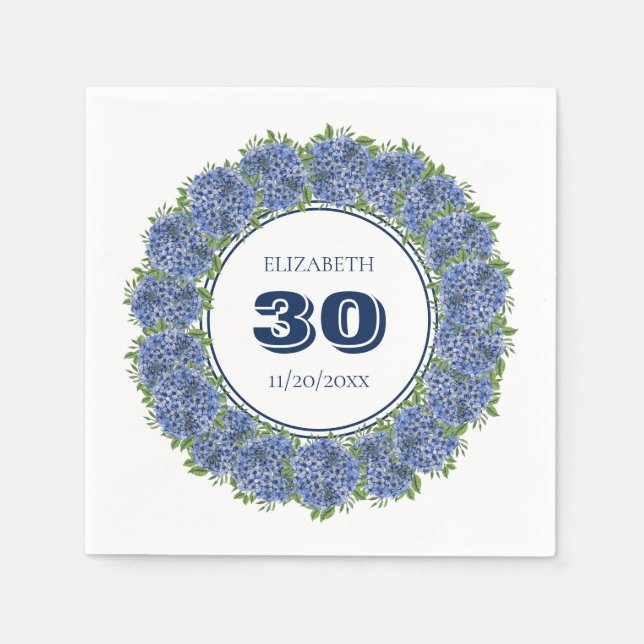 Elegant blommande blå Hortensia 30-års födelsedags Pappersservett (Framsidan)