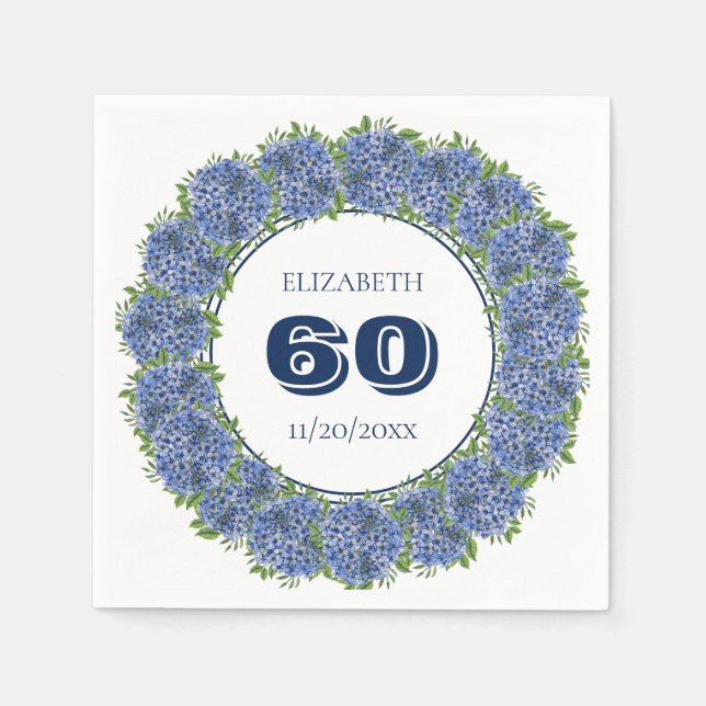 Elegant blommande blå hortensia 60-års födelsedags pappersservett (Framsidan)