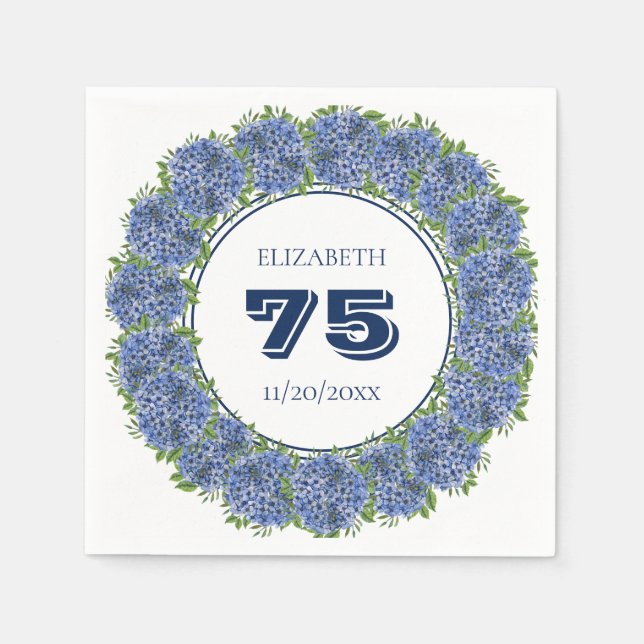 Elegant blommande blå hortensia 75-årsfest pappersservett (Framsidan)