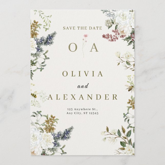 Elegant blommande bröllops-Save the Date | Akvarel Inbjudningar (Framsida)