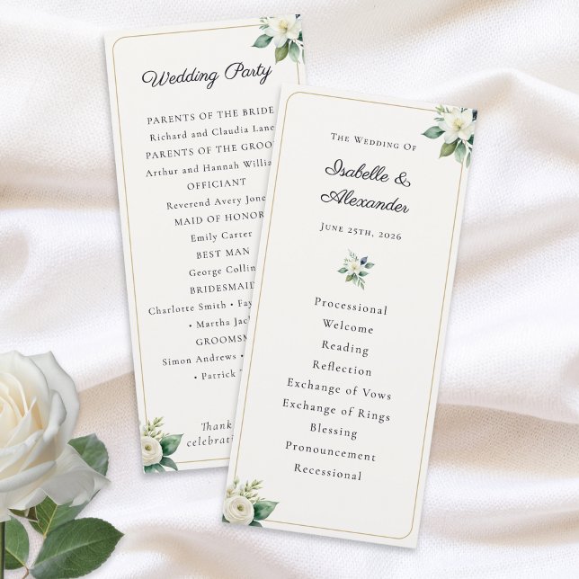 Elegant blommande bröllopsprogrammall program (An elegant wedding program personalized with the couple's names, wedding date and ceremony details)