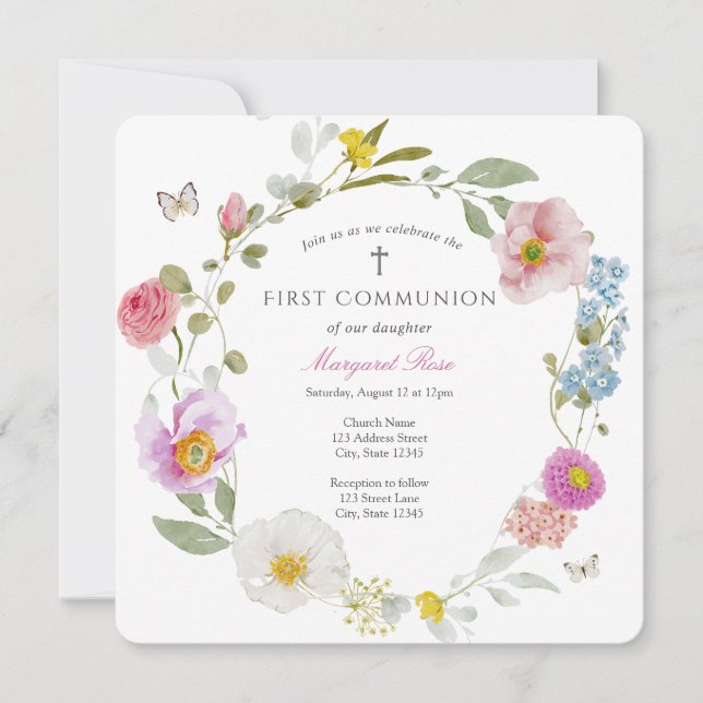 Elegant blommande fjäril dopinbjudan inbjudningar (Framsida)