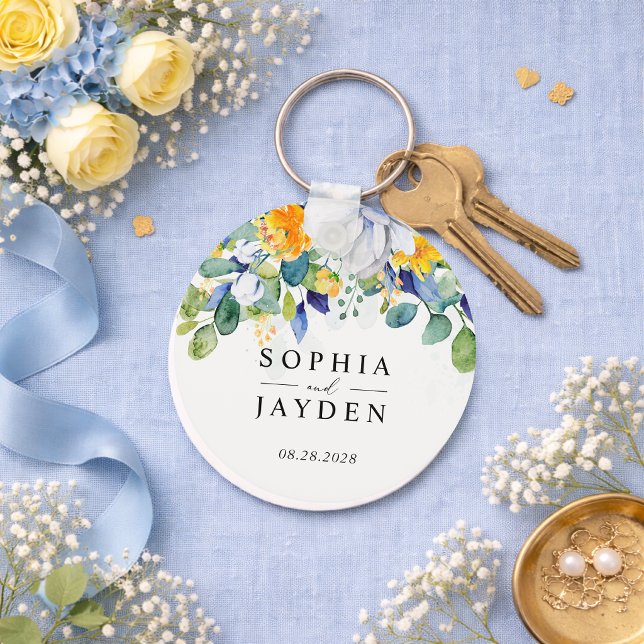 Elegant blommande gul och blå akvarellbröllop nyckelring (Skapare uppladdad)