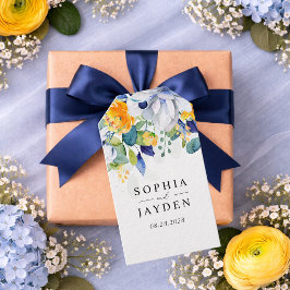 Elegant blommande gul och blå akvarellbröllop presentetikett