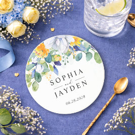 Elegant blommande gul och blå akvarellbröllop underlägg