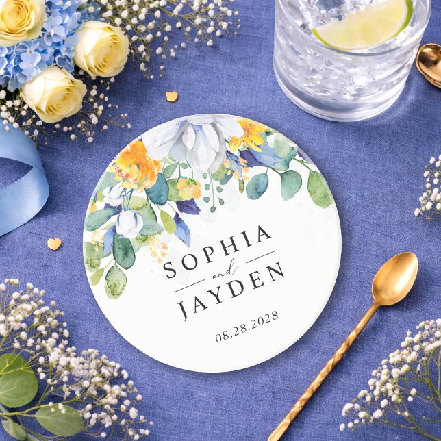 Elegant blommande gul och blå akvarellbröllop underlägg (Skapare uppladdad)