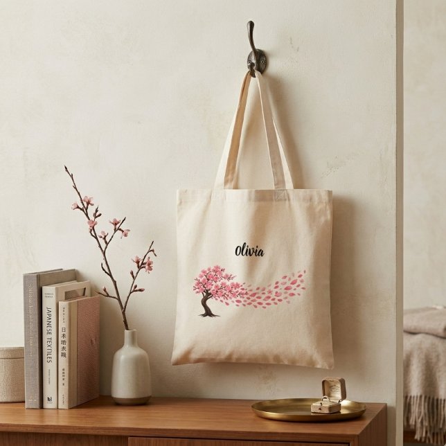 elegant blommande körsbärsblomskryddad namn tygkasse (Skapare uppladdad)