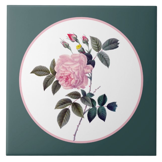 Elegant blommande rosa ros vintage kakelplatta (Framsidan)