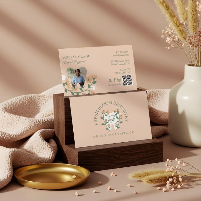 Elegant blommande tandlogotyp monogram visitkort (Elegant Floral Blooming Dental Tooth Logo Monogram Business Card)