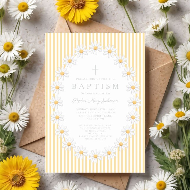 Elegant blommande tusenskönor flicka dop inbjudningar (Elegant Floral Daisies Girl Baptism Invitation)