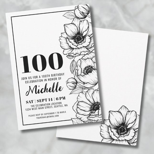 Elegant Blommig 100-årsdag Inbjudningar (Elegant Floral 100th Birthday Invitation)