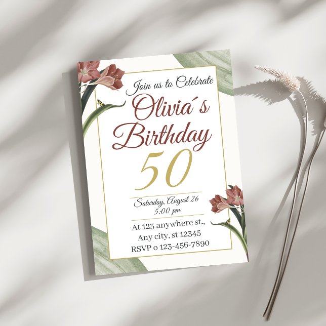 Elegant Blommig 50-årsdag – Guld och Rosafärgade B Inbjudningar (Skapare uppladdad)