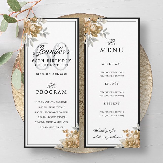 Elegant Blommig 60-årsfirande Program Meny  (Elegant Gold Floral 60th Birthday Program Menu )