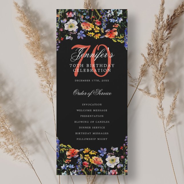 Elegant Blommig 70-årsfirande Program Svart (Elegant Floral 70th Birthday Program Black)