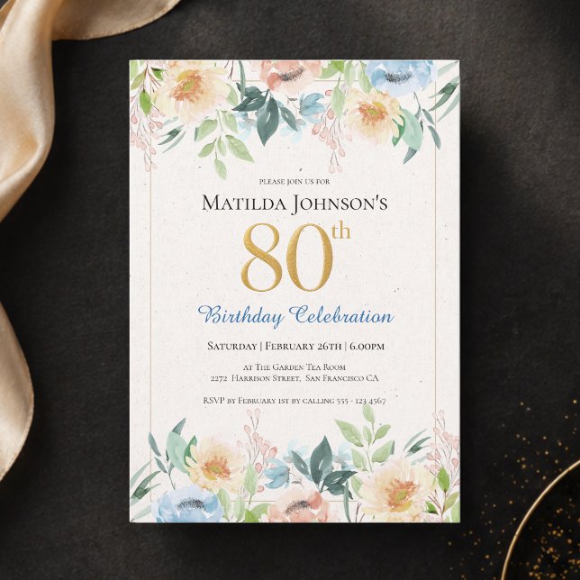 Elegant Blommig 80-års Födelsedagsinbjudan Inbjudningar (Elegant Floral 80th Birthday Party Invitation)