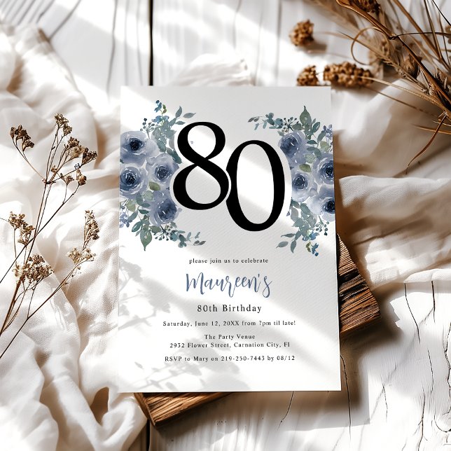Elegant Blommig 80-årsdag Blå Inbjudningar (Skapare uppladdad)