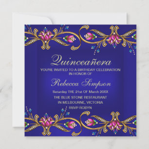 Elegant Blommig Ädelsten Blå Quinceañera Inbjudan
