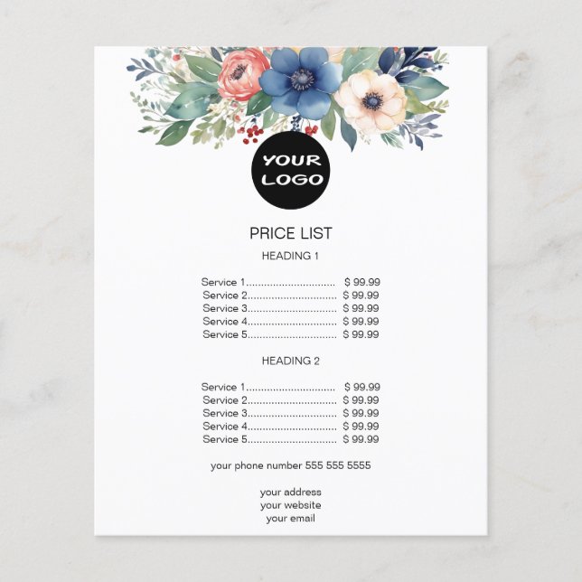 Elegant Blommig Affärsprislista i Akvarell Flygblad (Framsidan)