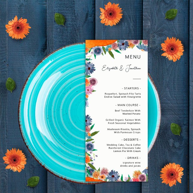 Elegant Blommig Akvarell Boho Widflower Bröllop Meny (Front)