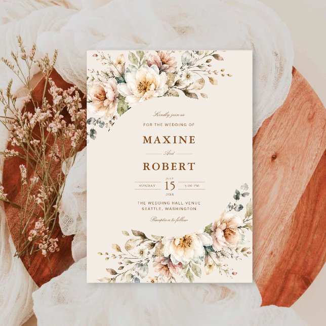 Elegant Blommig Akvarell Botanisk Bröllop Inbjudningar (Elegant floral watercolor botanical wedding invitation with timeless botanical charm.)