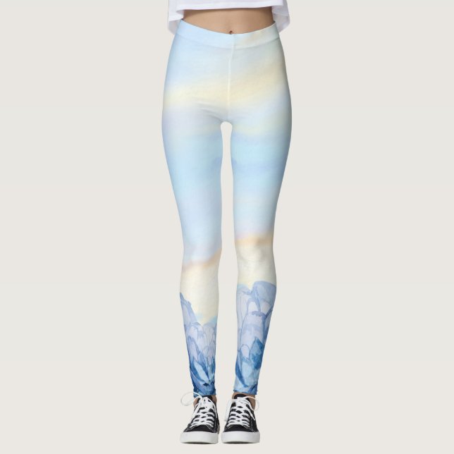 Elegant Blommig Akvarell i Blått Leggings (Framsida)