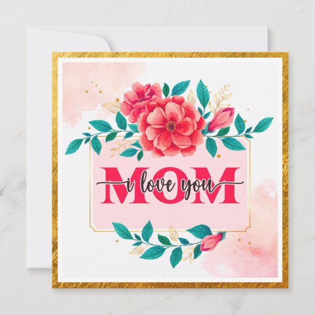 Elegant Blommig Akvarell "MAMMA Jag älskar dig" Mo Kort (Framsida)